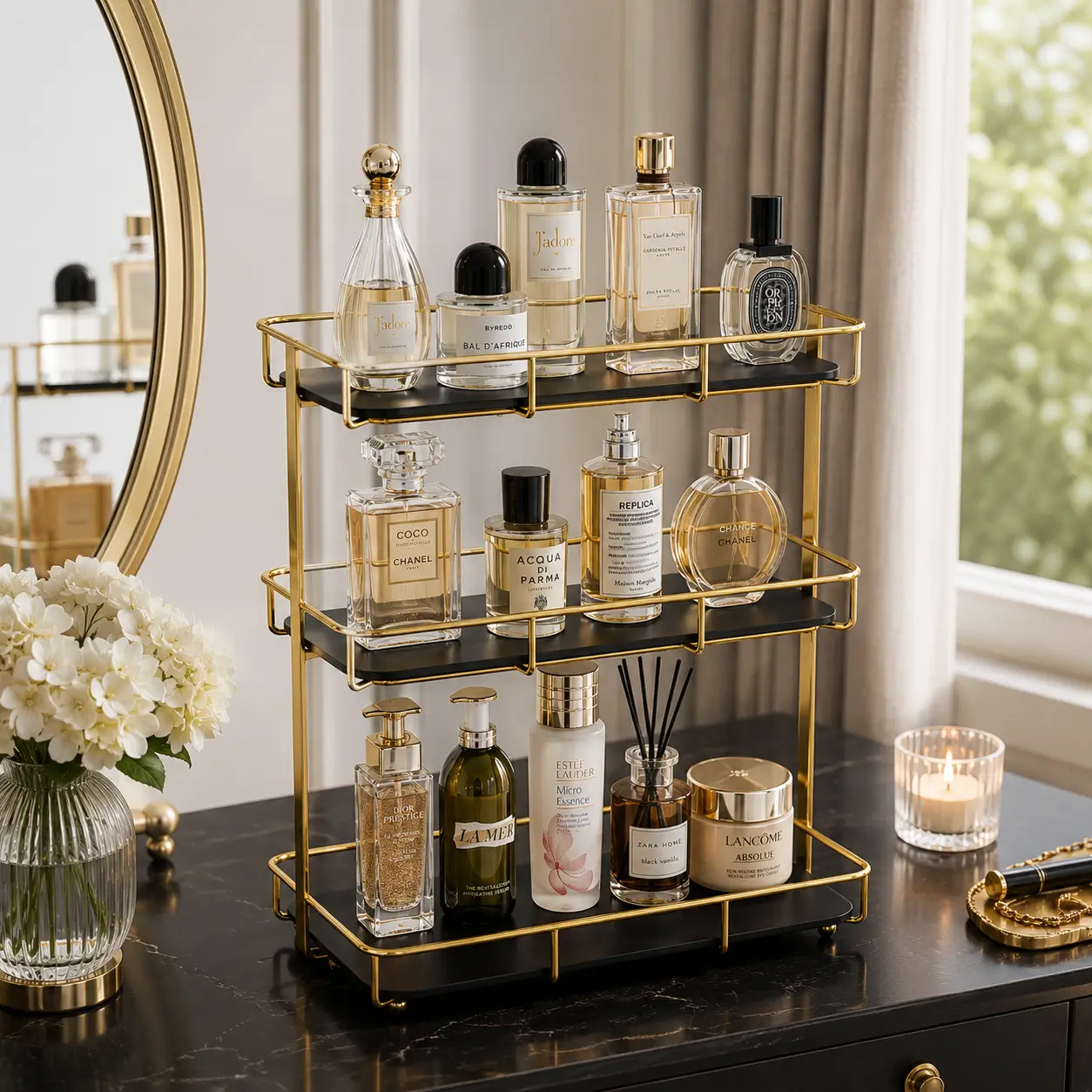 3-Tier Makeup and Cosmetics Storage Organizer with golden metal frame and acrylic trays