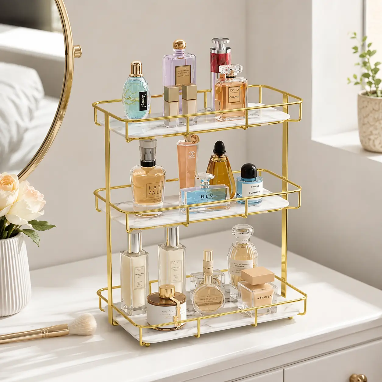 3-Tier Makeup and Cosmetics Storage Organizer with golden metal frame and acrylic trays