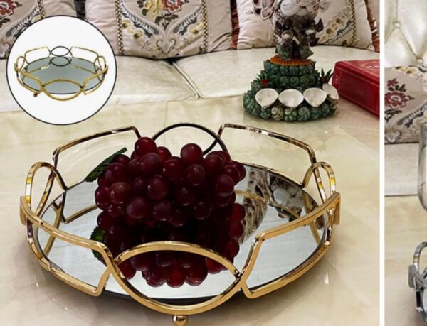 Metal & Glass Cosmetics Storage Round Tray with Mirror – Elegant Organizer for Makeup & Jewelry (1)