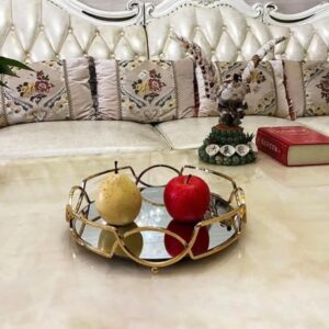 Metal & Glass Cosmetics Storage Round Tray with Mirror – Elegant Organizer for Makeup & Jewelry