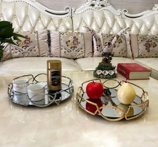 Metal & Glass Cosmetics Storage Round Tray with Mirror - Elegant Organizer for Makeup & Jewelry - Image 3