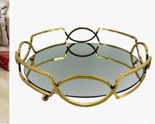 Metal & Glass Cosmetics Storage Round Tray with Mirror - Elegant Organizer for Makeup & Jewelry - Image 4