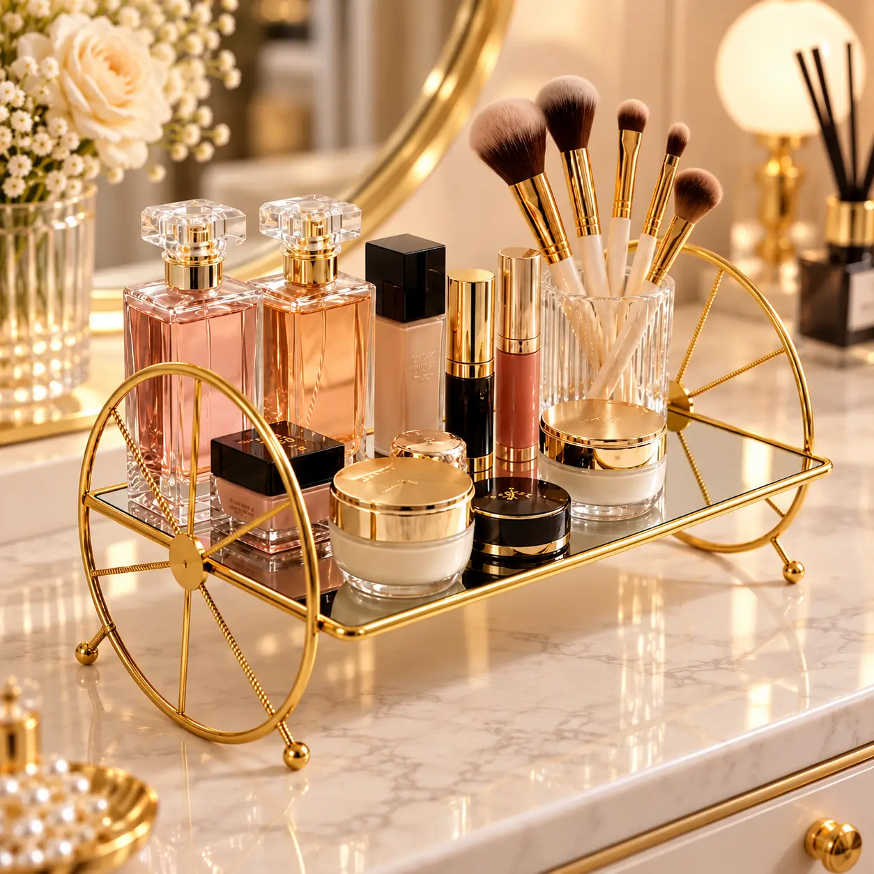 Modern Cosmetic Organizer Tray with Wheels - Image 2