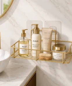 Wall Mount Bathroom Shelf with Golden Metal Frame for Bathroom Storage