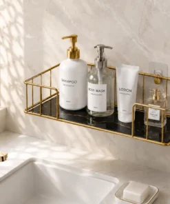 Wall-mounted bathroom storage rack for shampoo soap skincare and essentials