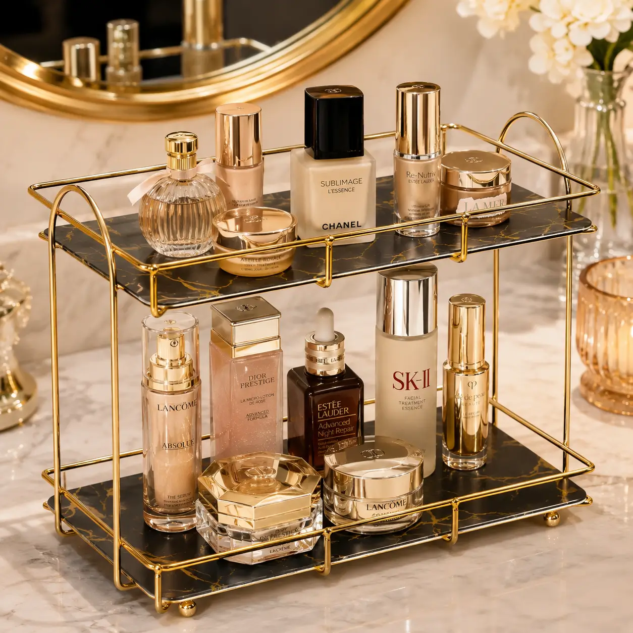 2-Tier Gold Vanity Organizer Rack for Cosmetics - Image 4
