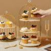 Gold 3-Tier Hanging Bird Cage Cupcake Stand – Metal Mirror Glass & Acrylic Tray for Party Display