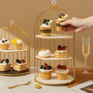 Gold 3-Tier Hanging Bird Cage Cupcake Stand – Metal Mirror Glass & Acrylic Tray for Party Display