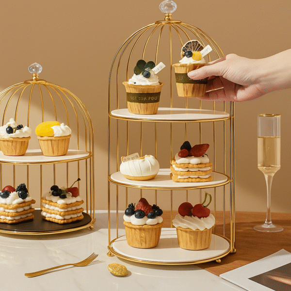 Gold 3-Tier Hanging Bird Cage Cupcake Stand – Metal Mirror Glass & Acrylic Tray for Party Display