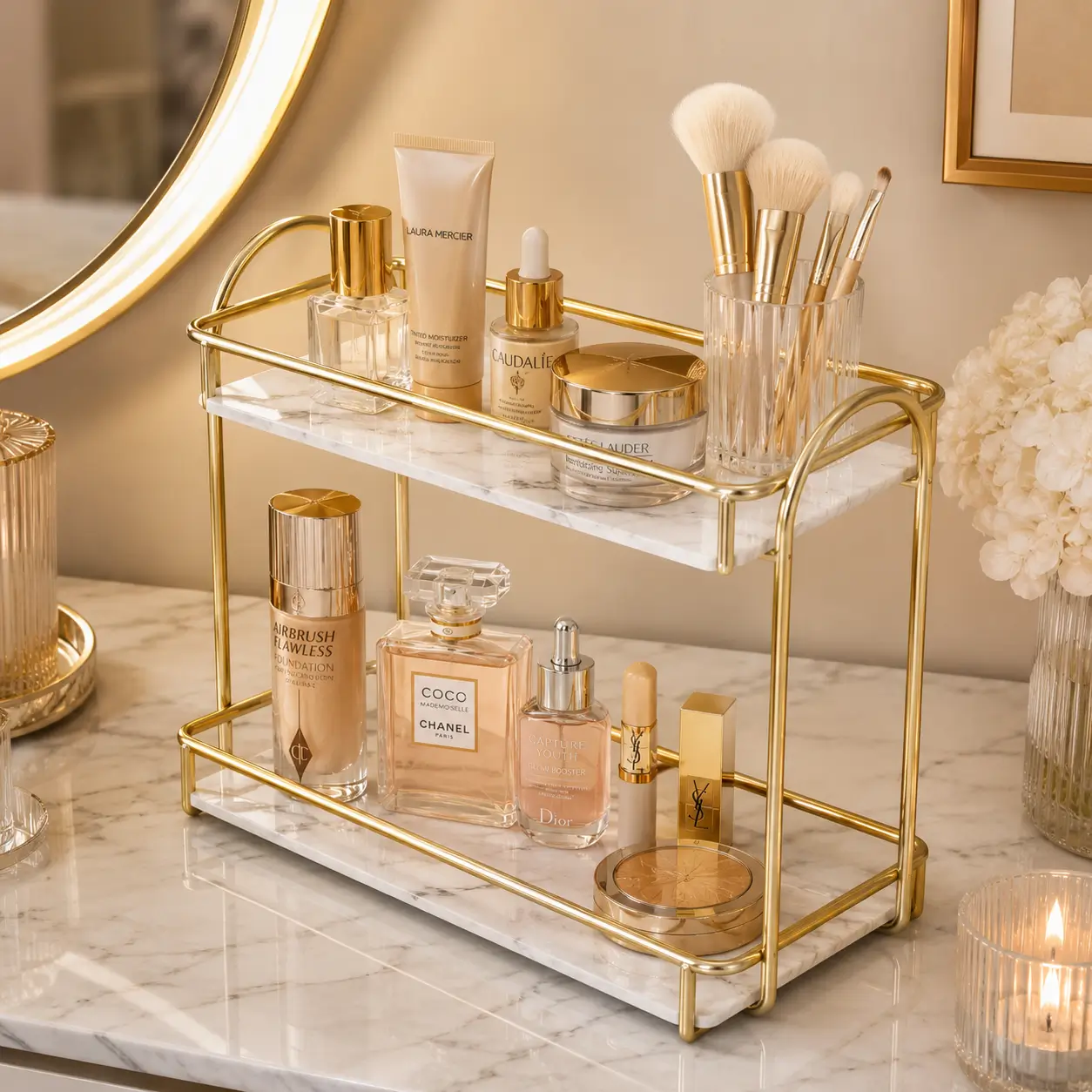 2-Tier Gold Vanity Organizer Rack for Cosmetics
