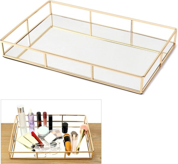 uxury Gold Mirror Tray for Perfume & Jewelry – Elegant Bedroom Dresser & Bathroom Display (1)