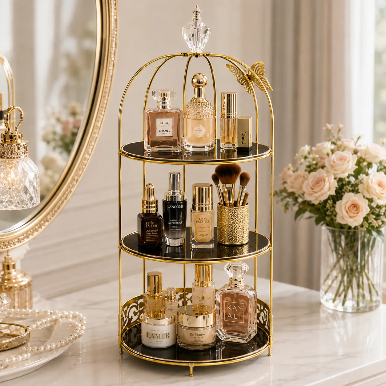 Vanity Cage Cosmetic Organizer. Keep your makeup, skincare, perfumes and beauty essentials organized, accessible and beautifully displayed.