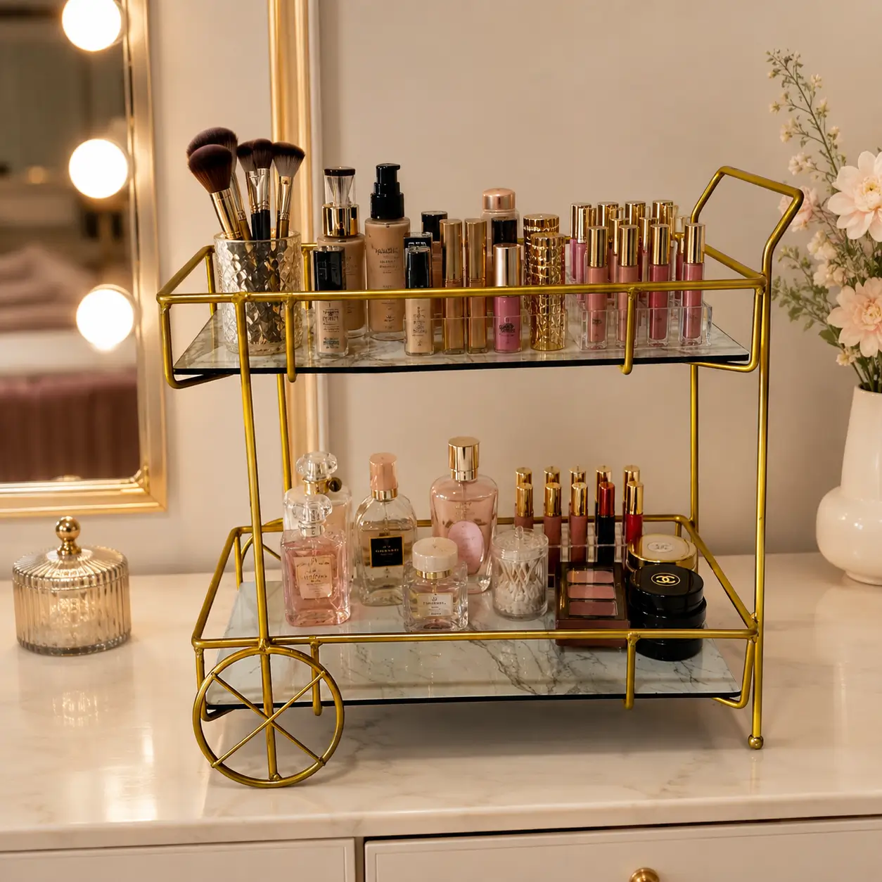 Luxury Gold Cosmetic Display Organizer Trolley