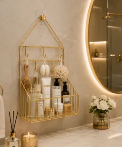 Alternative view of Gold Wall Mounted Bathroom Organizer with Hooks