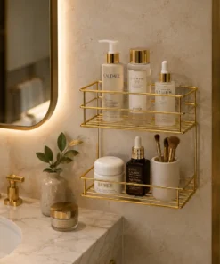 Wall Mounted Bathroom Storage Shelf with golden metal frame for toiletries and accessories