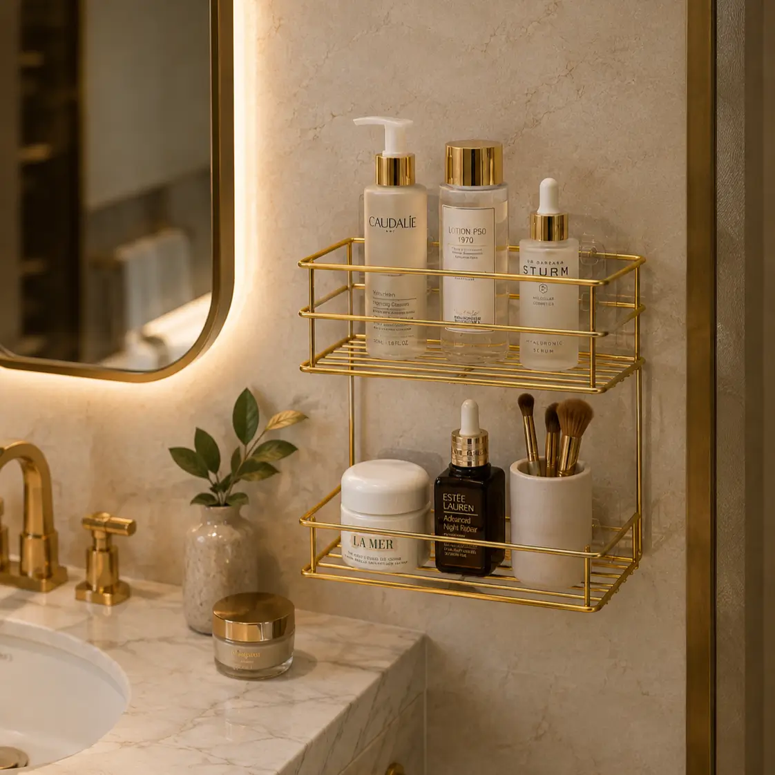 Wall Mounted Bathroom Storage Shelf with golden metal frame for toiletries and accessories